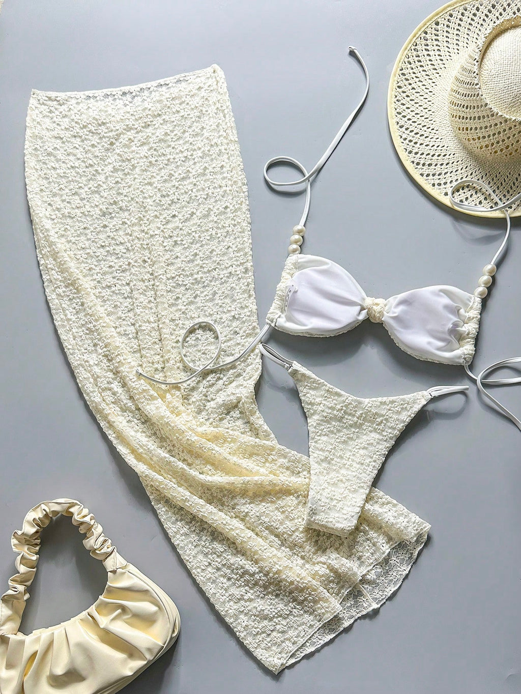 Bonvoyette Swim 3pcs/Set Asymmetrical Pearl Decor Bandeau Bikini,Ruched Front Sk