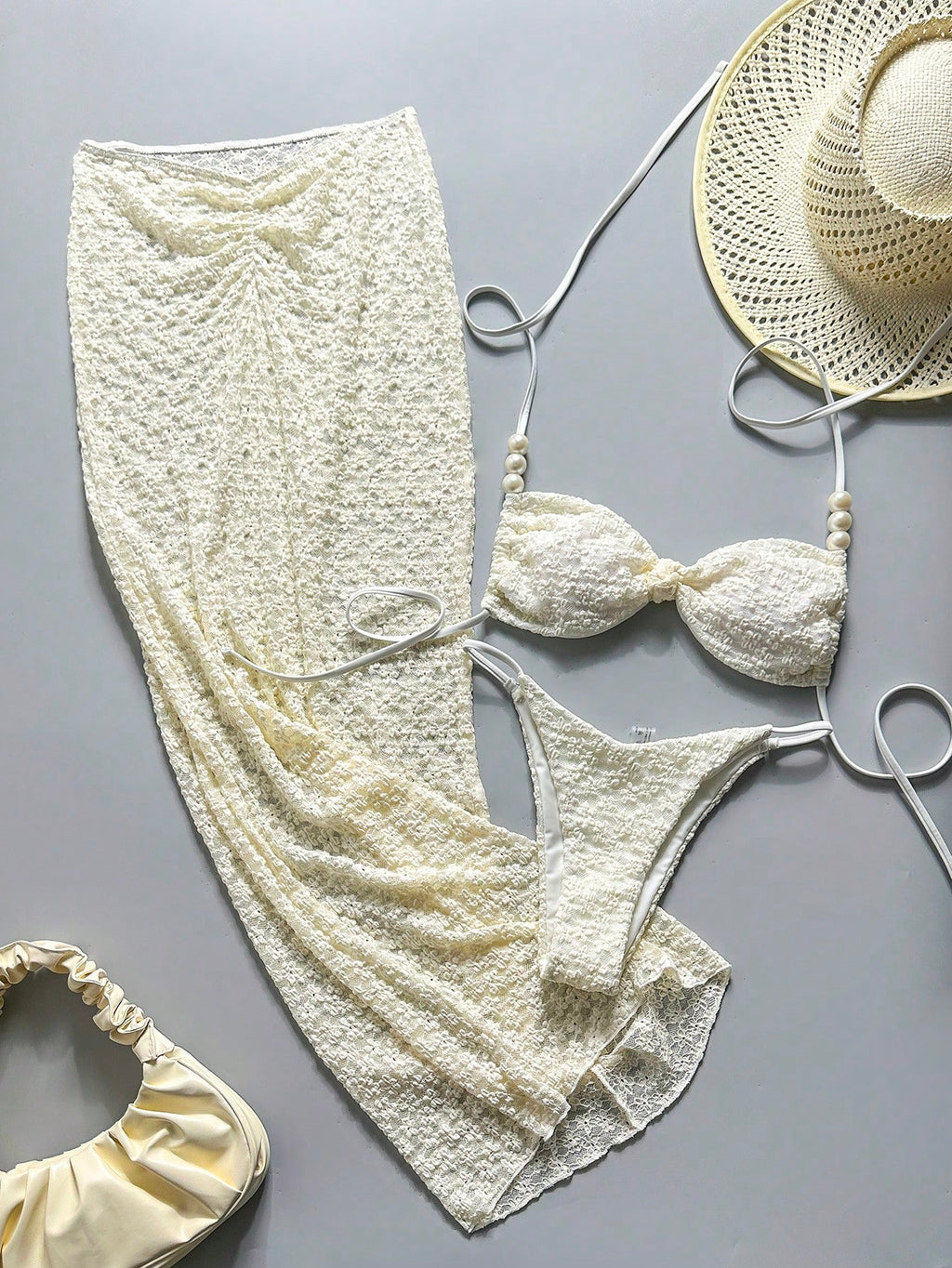 Bonvoyette Swim 3pcs/Set Asymmetrical Pearl Decor Bandeau Bikini,Ruched Front Sk