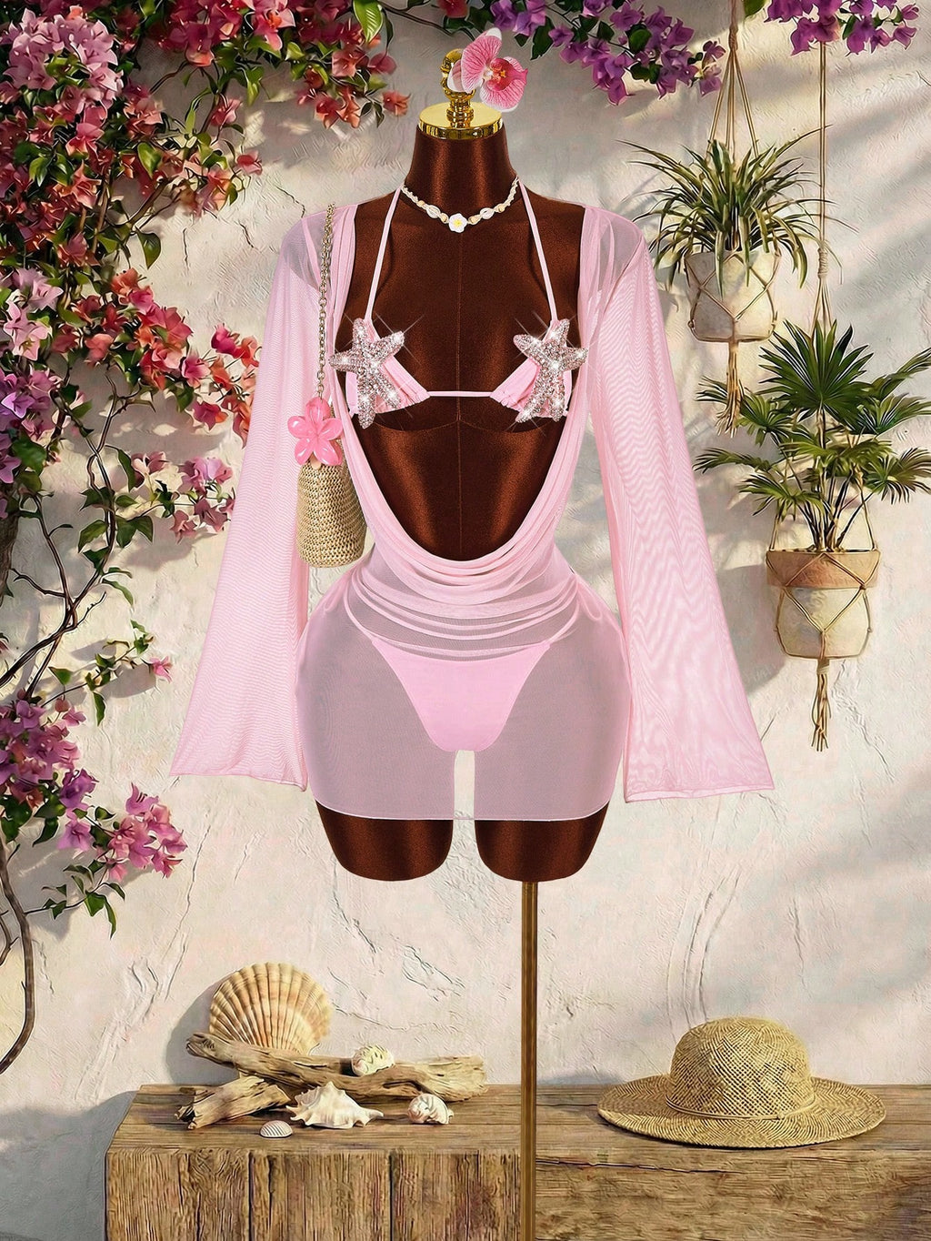 Amplova Women's Swimwear Set With Starfish Detail, Backless Flare