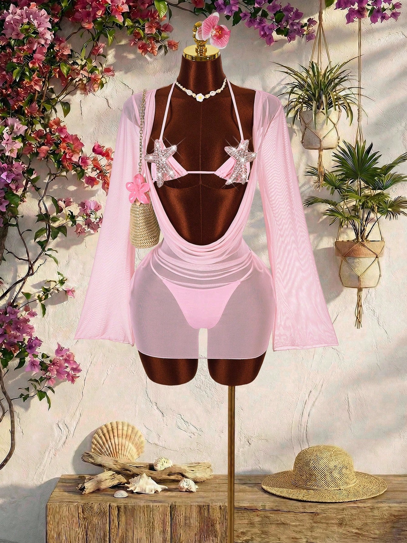Amplova Women's Swimwear Set With Starfish Detail, Backless Flare Sleeve, Suitable For Vacation, Sexy And - image 5