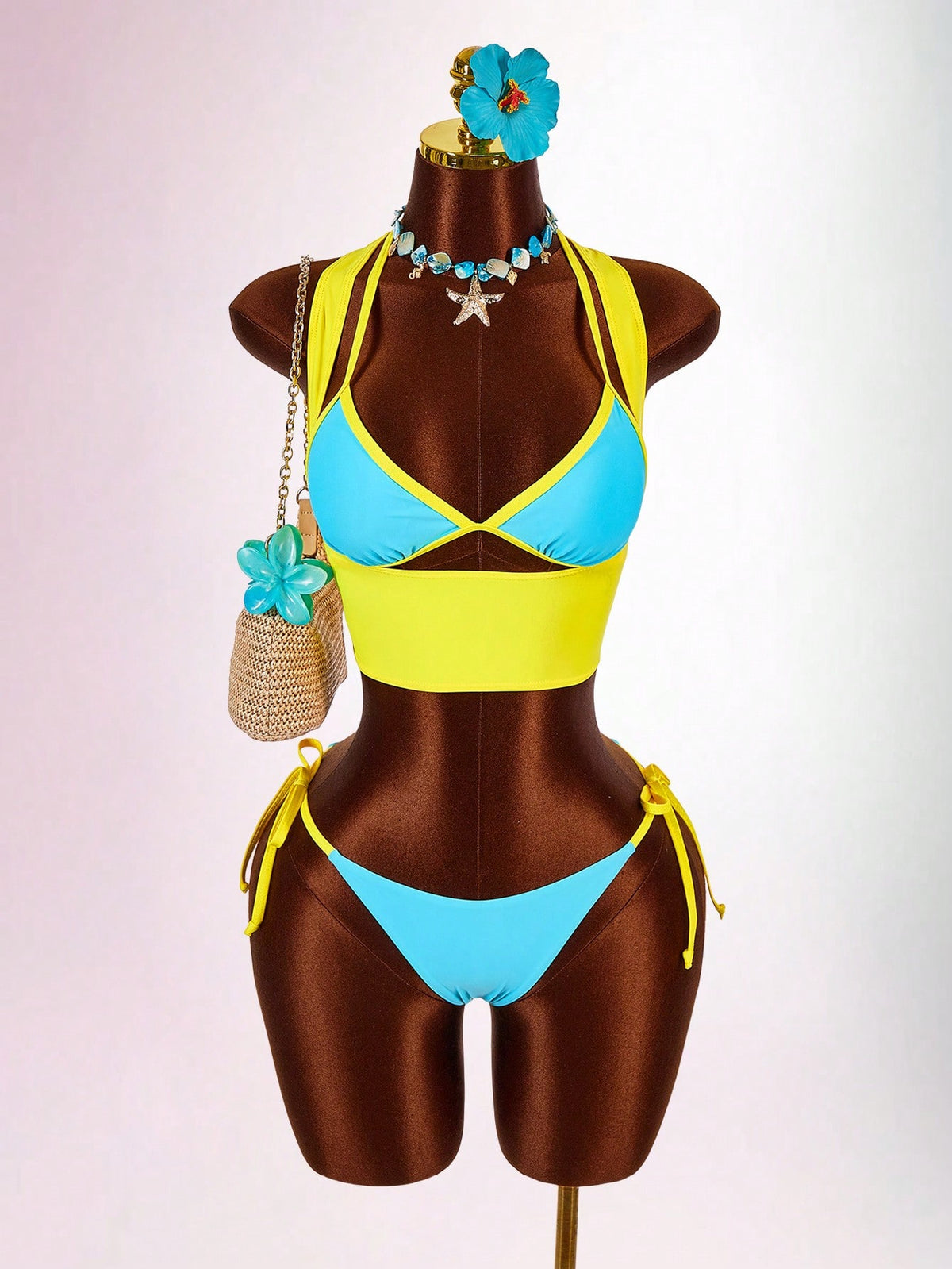 Amplova Women's Contrast Trim 3 Pieces Set Sexy Avant-Garde Vacation Outfit U-Neck Cutout Tie Top And Bottom - image 4