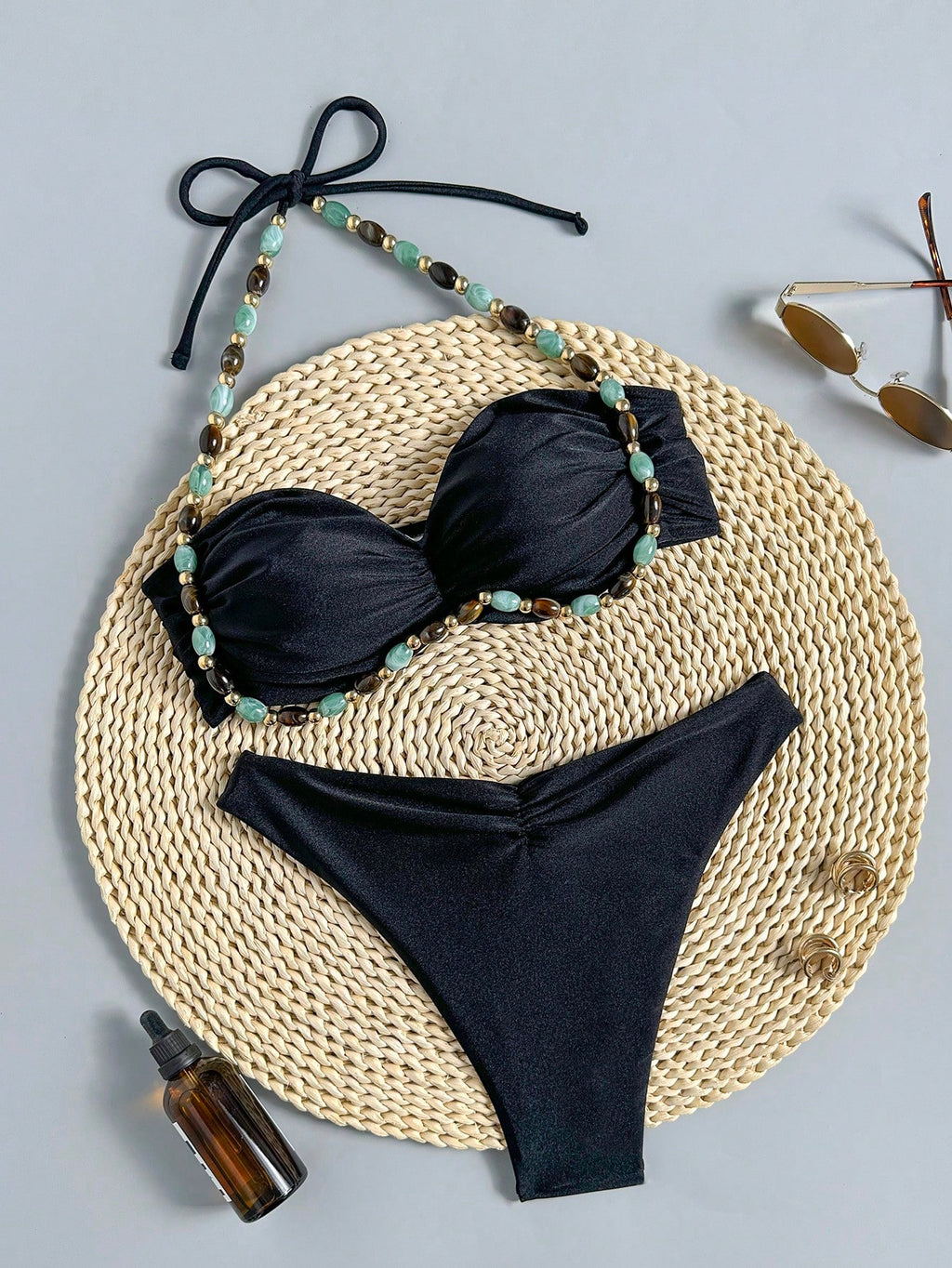 Swim Chiccia Swim Chic Women's Solid Color Beaded Tie Strap Swimwear