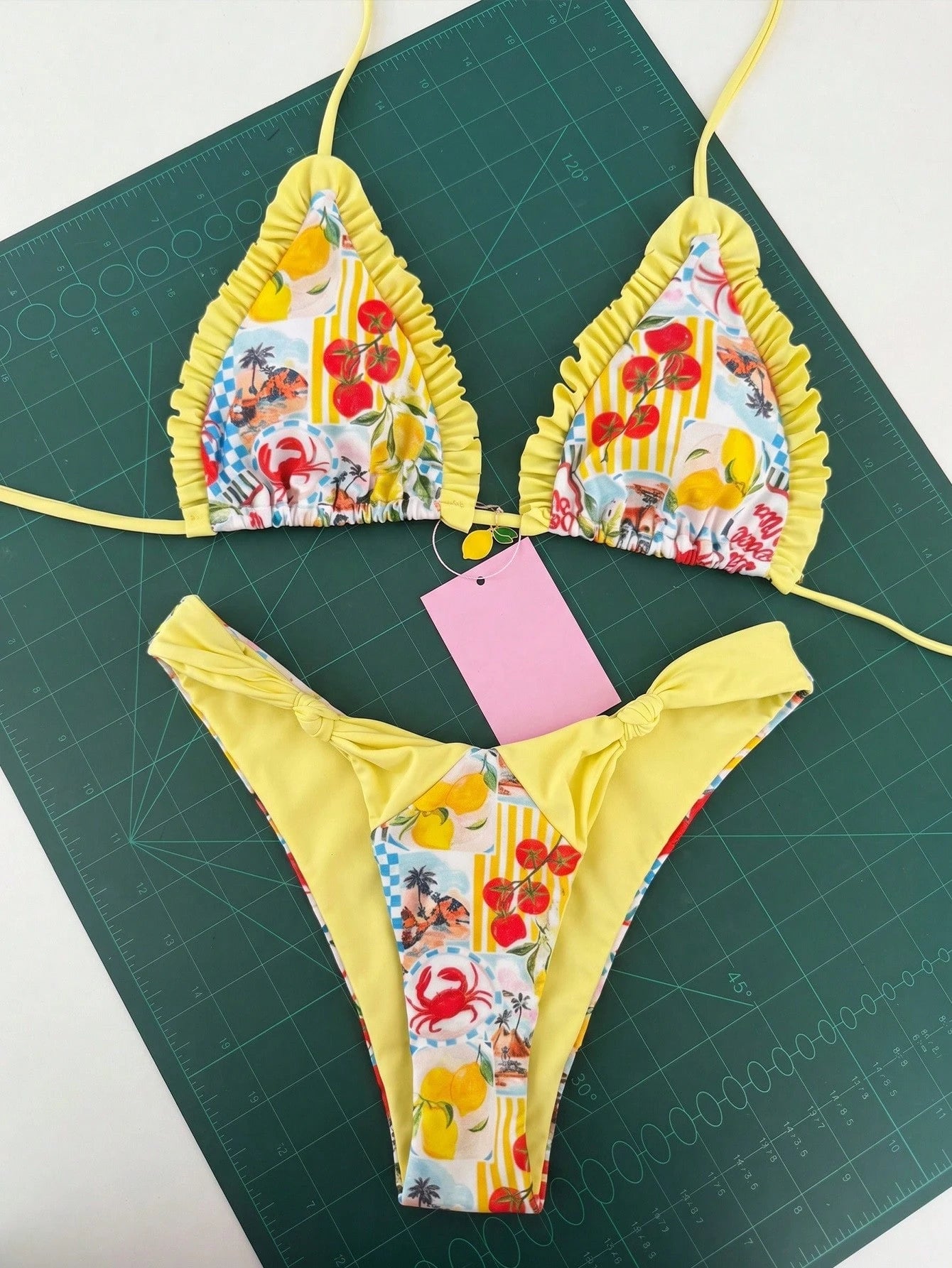 Bonvoyette 2pcs/Set Ocean Lemon Print Triangle Halter Ruffle Trim