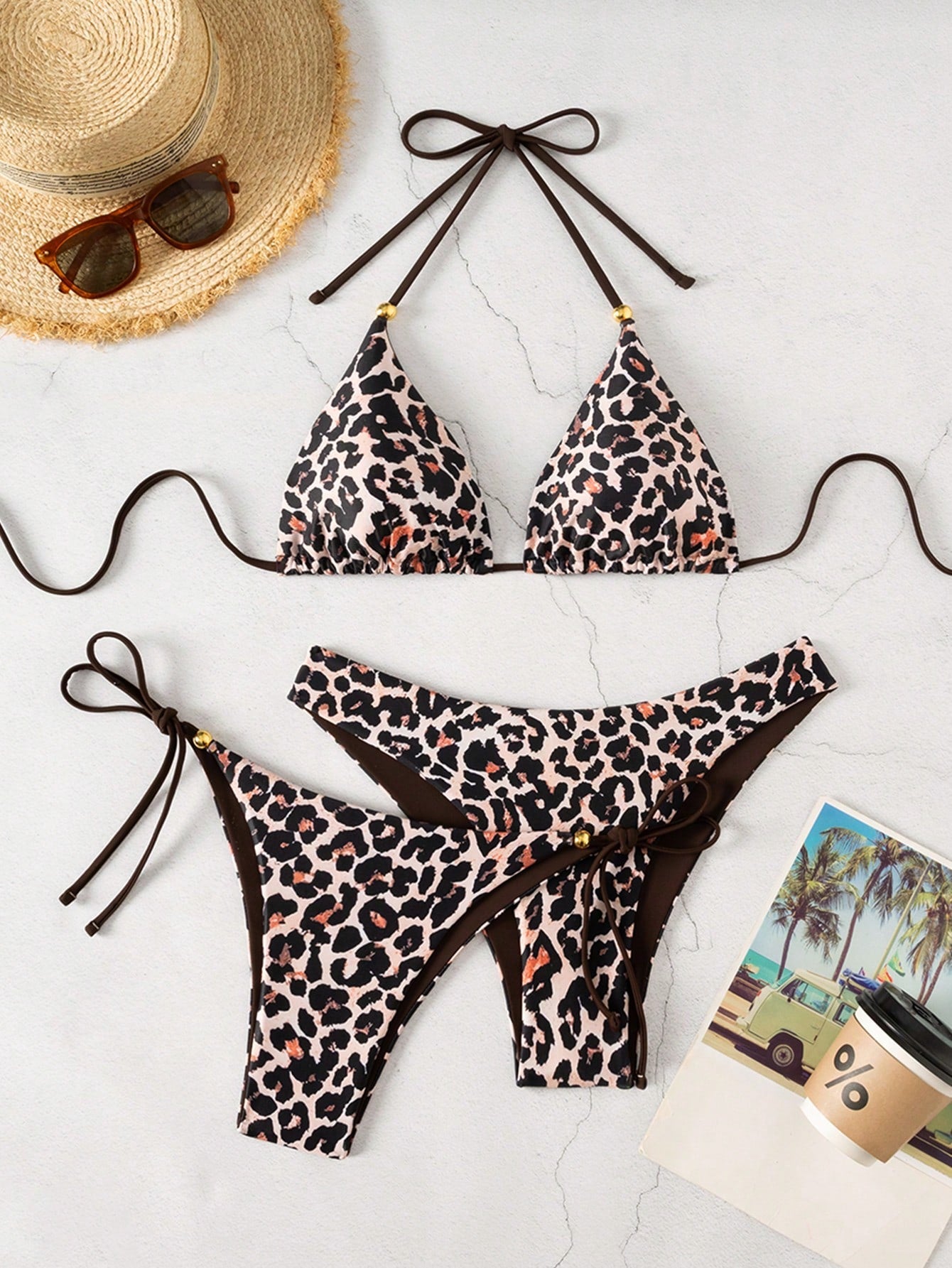 Swim Vcay 3pcs Leopard Print Triangle Bikini Set,Halter Neck Backless