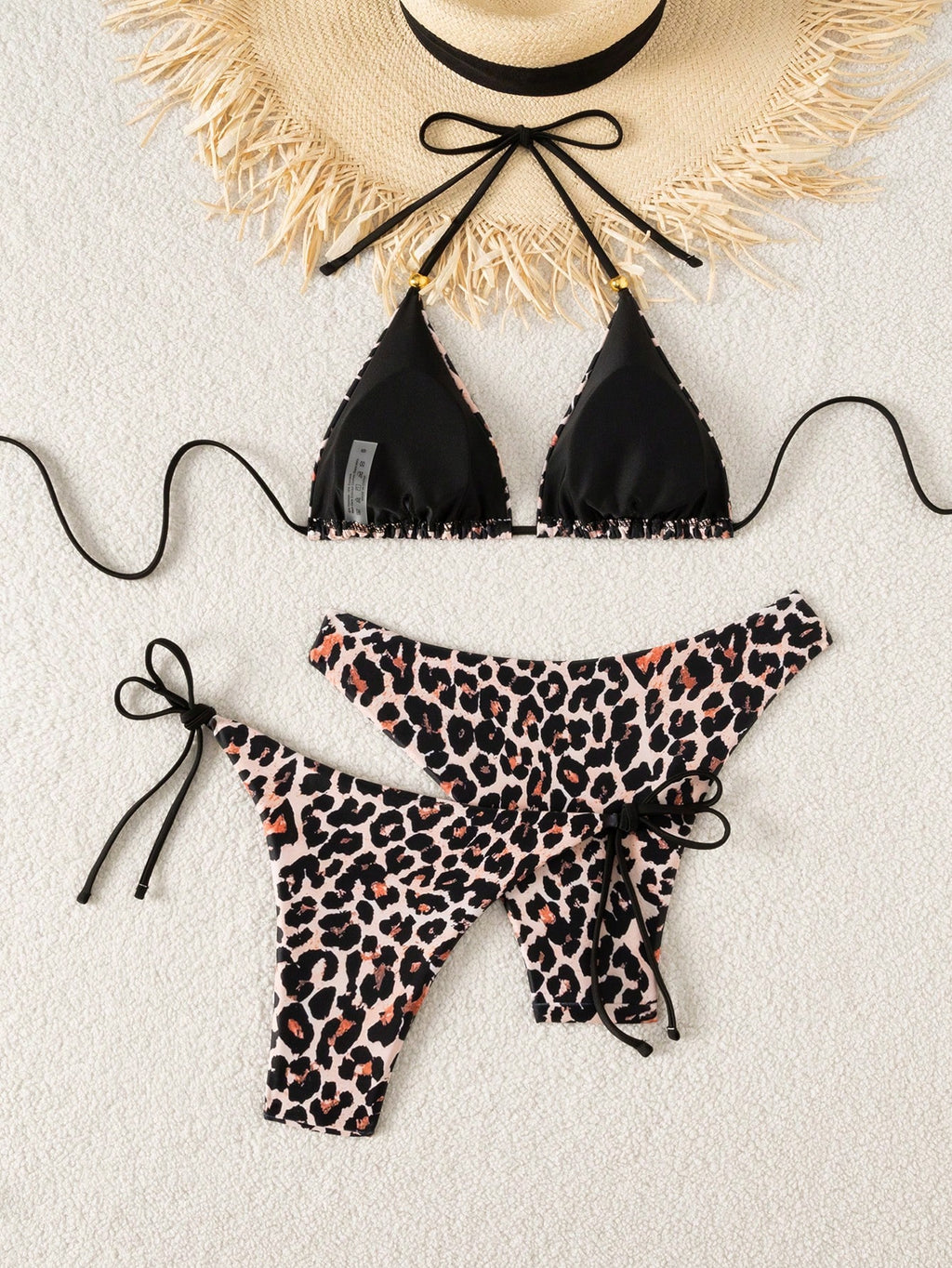 Swim Vcay 3pcs Leopard Print Triangle Bikini Set,Halter Neck Backless