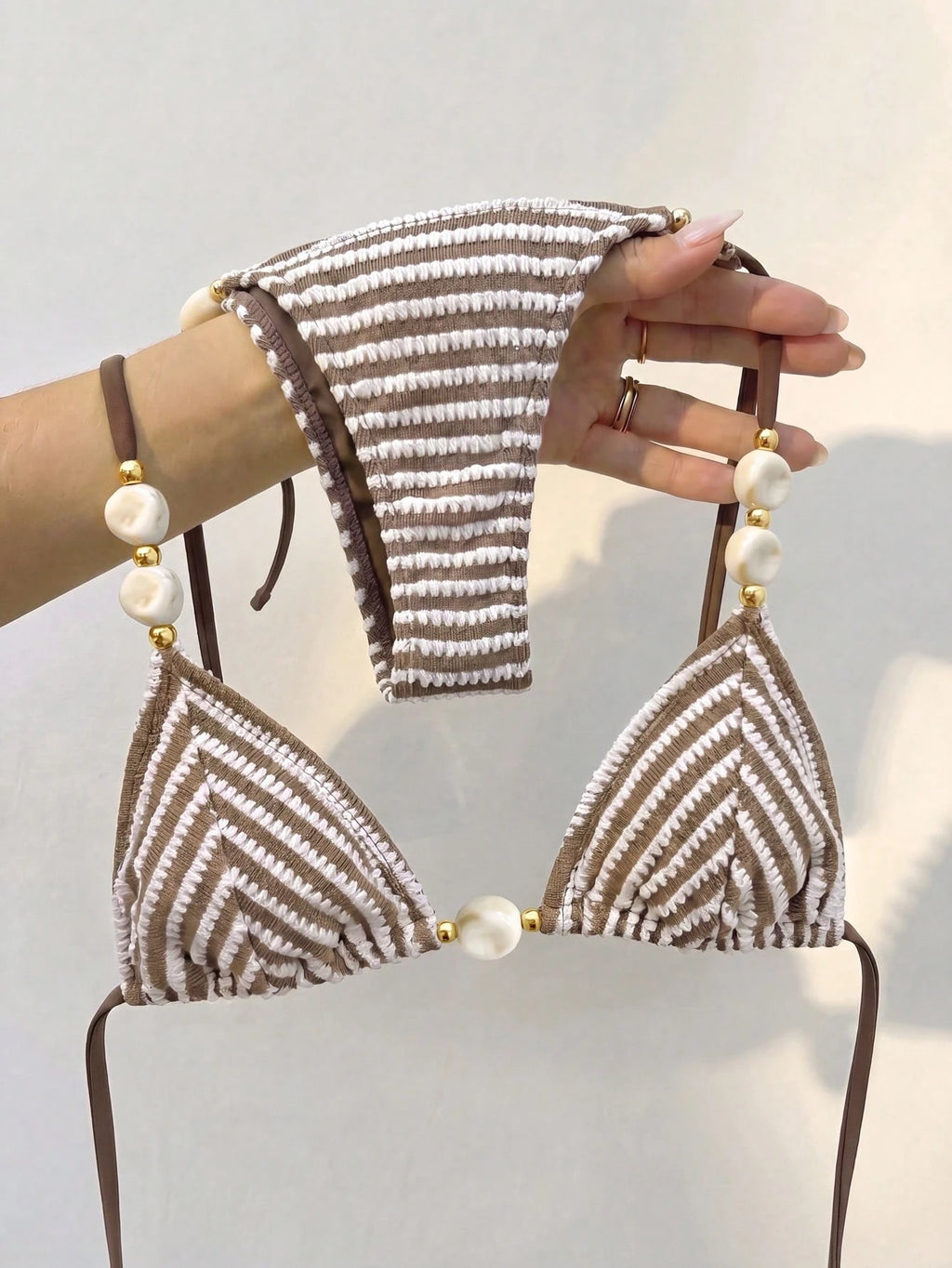Bikinx Women's Striped Color-Block Textured Halter Bikini With Beaded