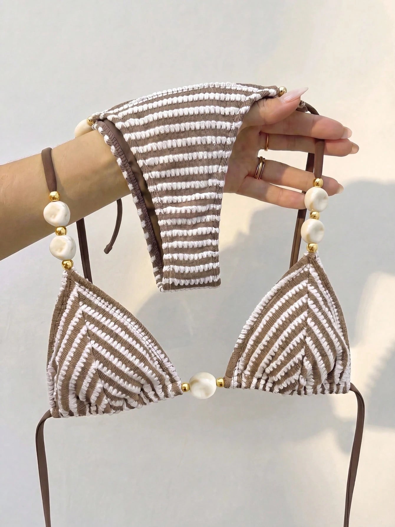 Bikinx Women's Striped Color-Block Textured Halter Bikini With Beaded