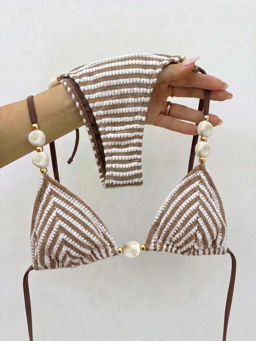 Bikinx Women's Striped Color-Block Textured Halter Bikini With Beaded