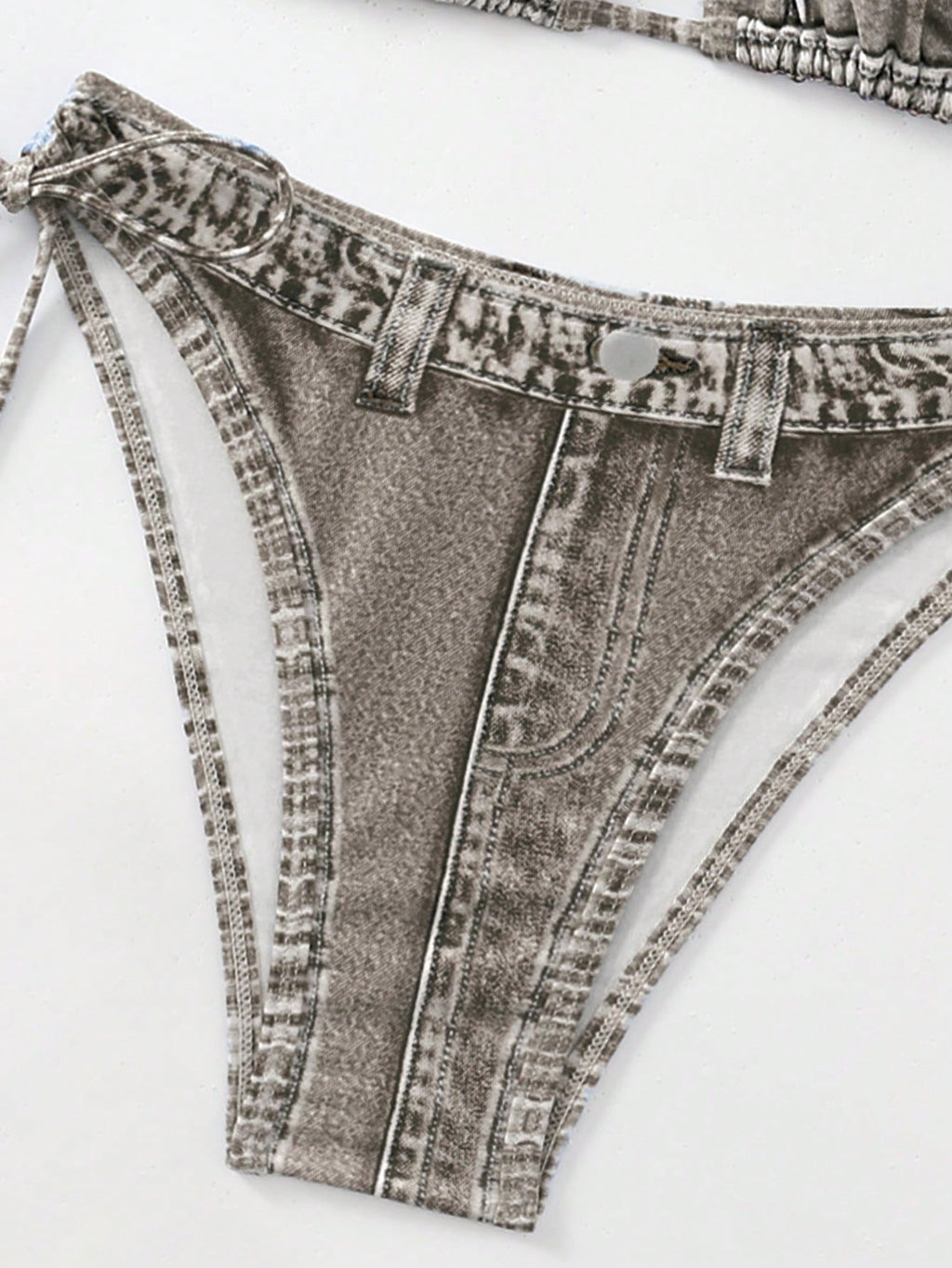 1 Set Women's Denim Effect Halter Tie Bikini Two Pieces Swimwear,