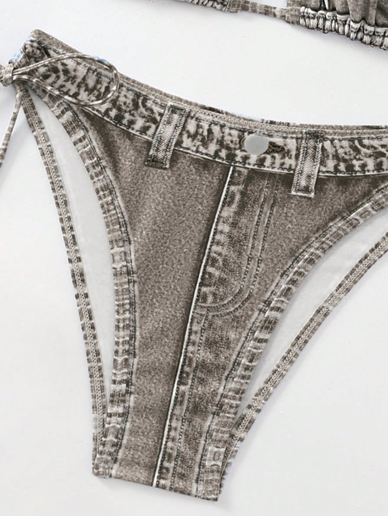 1 Set Women's Denim Effect Halter Tie Bikini Two Pieces Swimwear,
