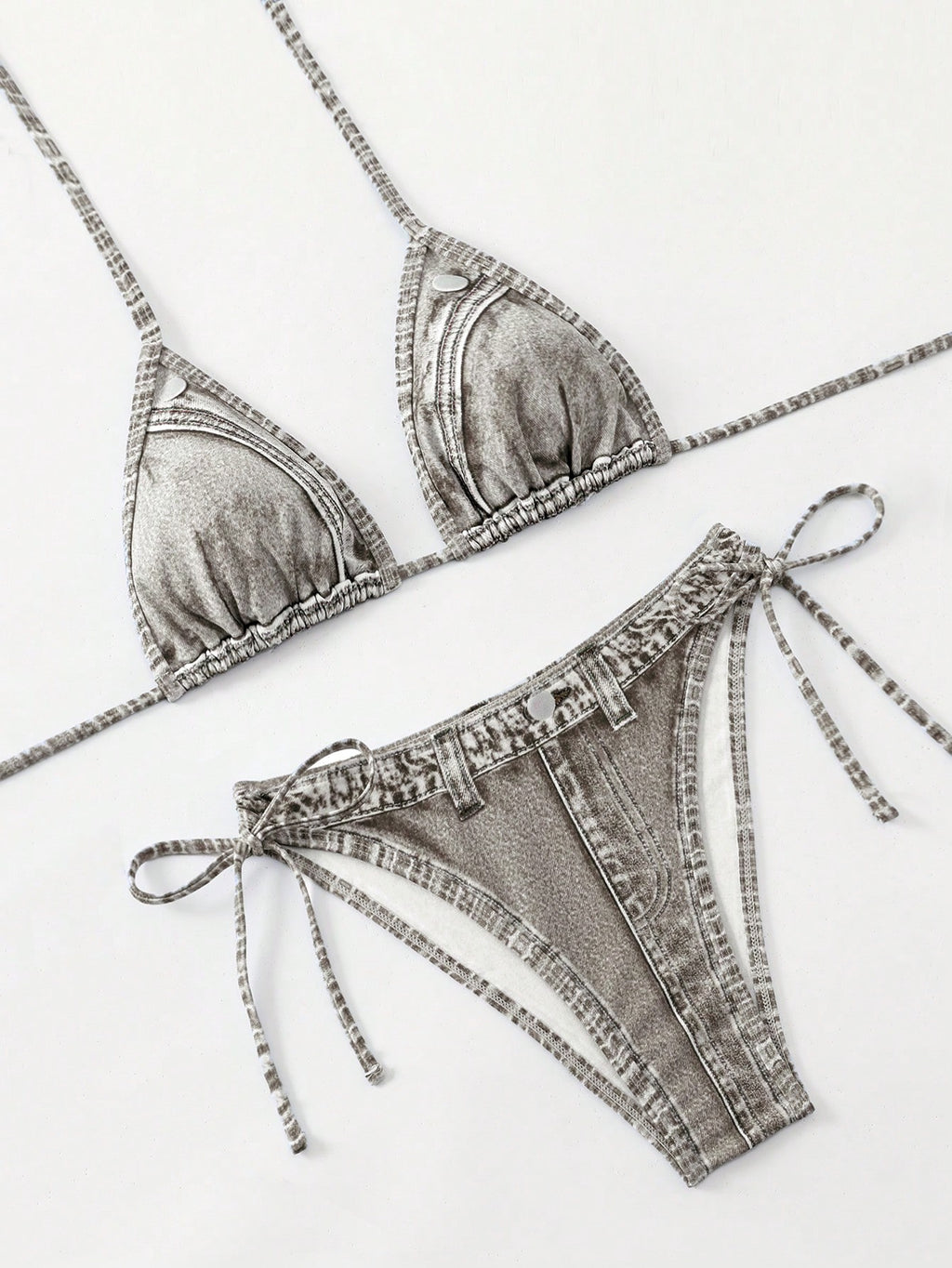 1 Set Women's Denim Effect Halter Tie Bikini Two Pieces Swimwear,
