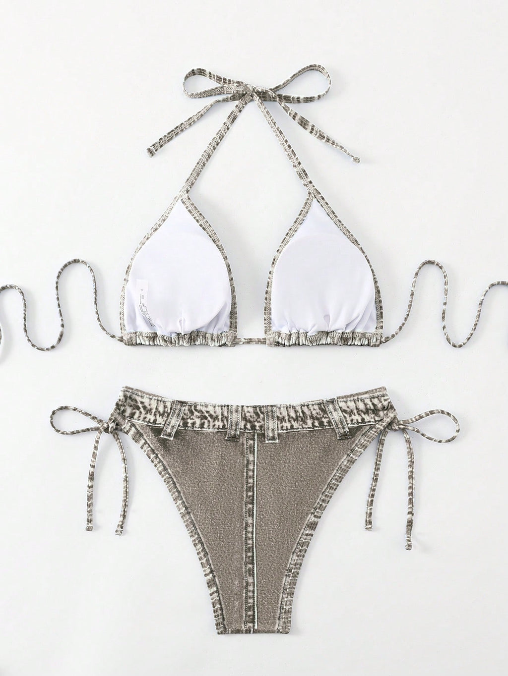 1 Set Women's Denim Effect Halter Tie Bikini Two Pieces Swimwear,