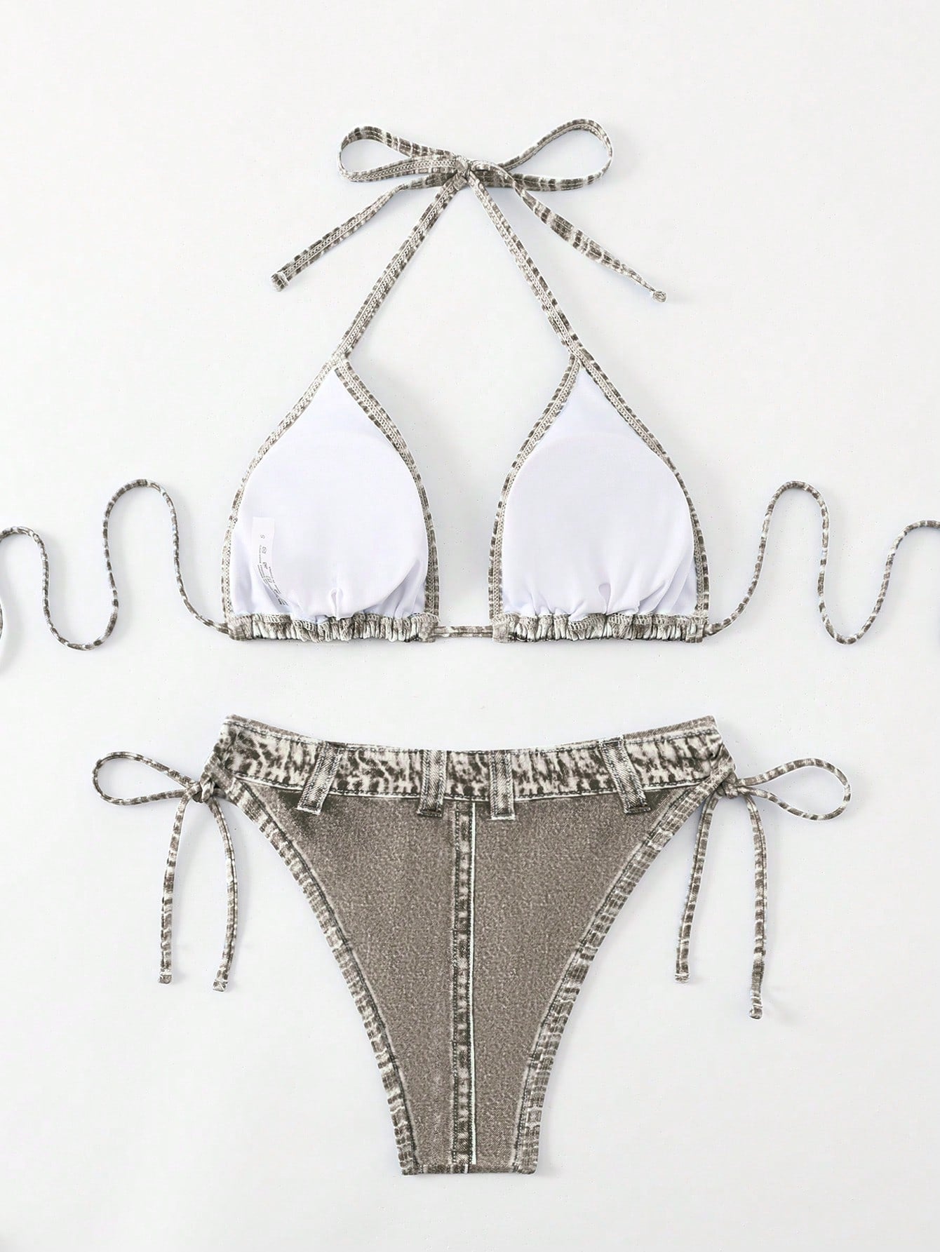 1 Set Women's Denim Effect Halter Tie Bikini Two Pieces Swimwear,