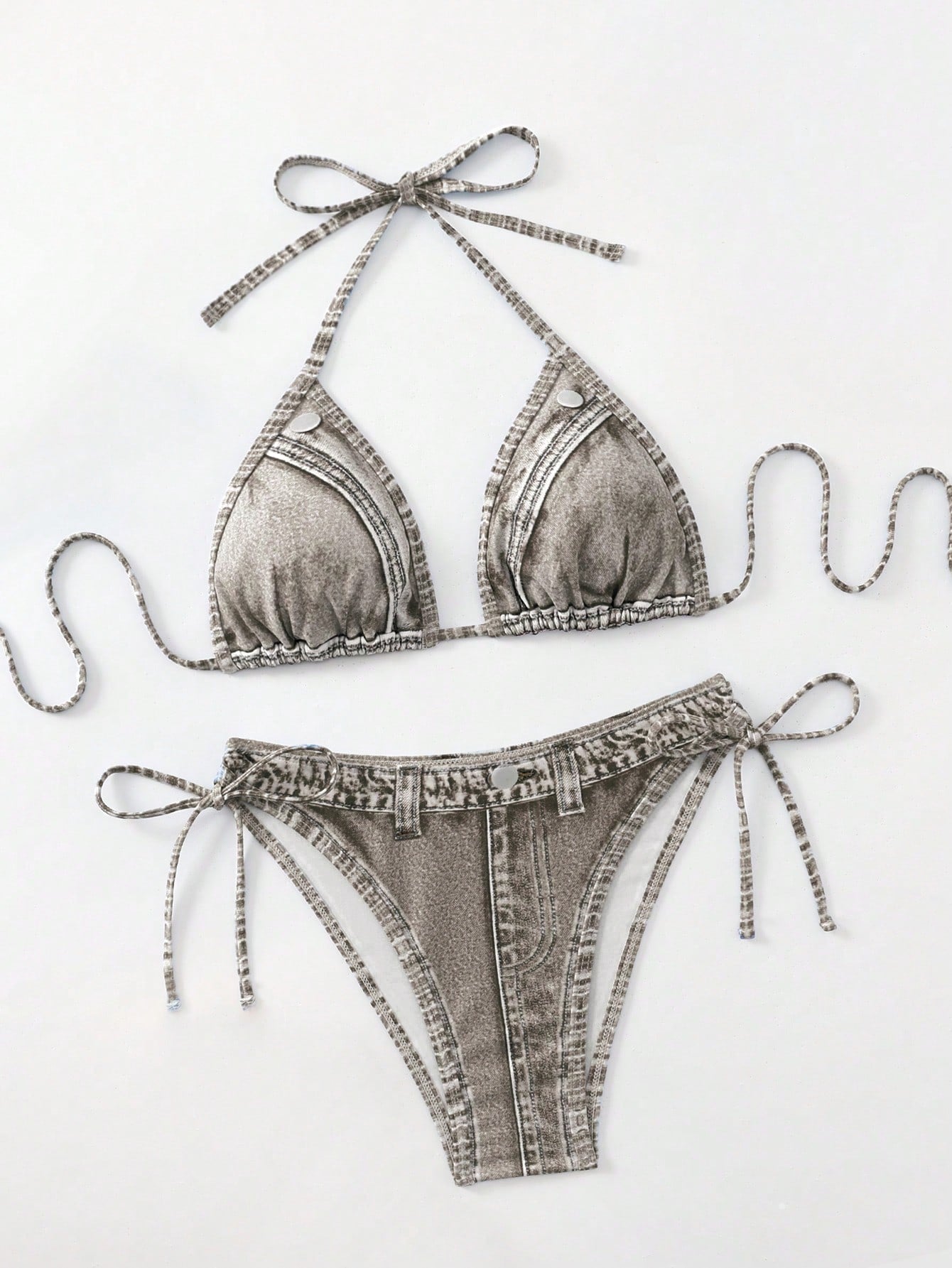 1 Set Women's Denim Effect Halter Tie Bikini Two Pieces Swimwear, Fashionable & Sexy Vacation Beach Summer - image 6