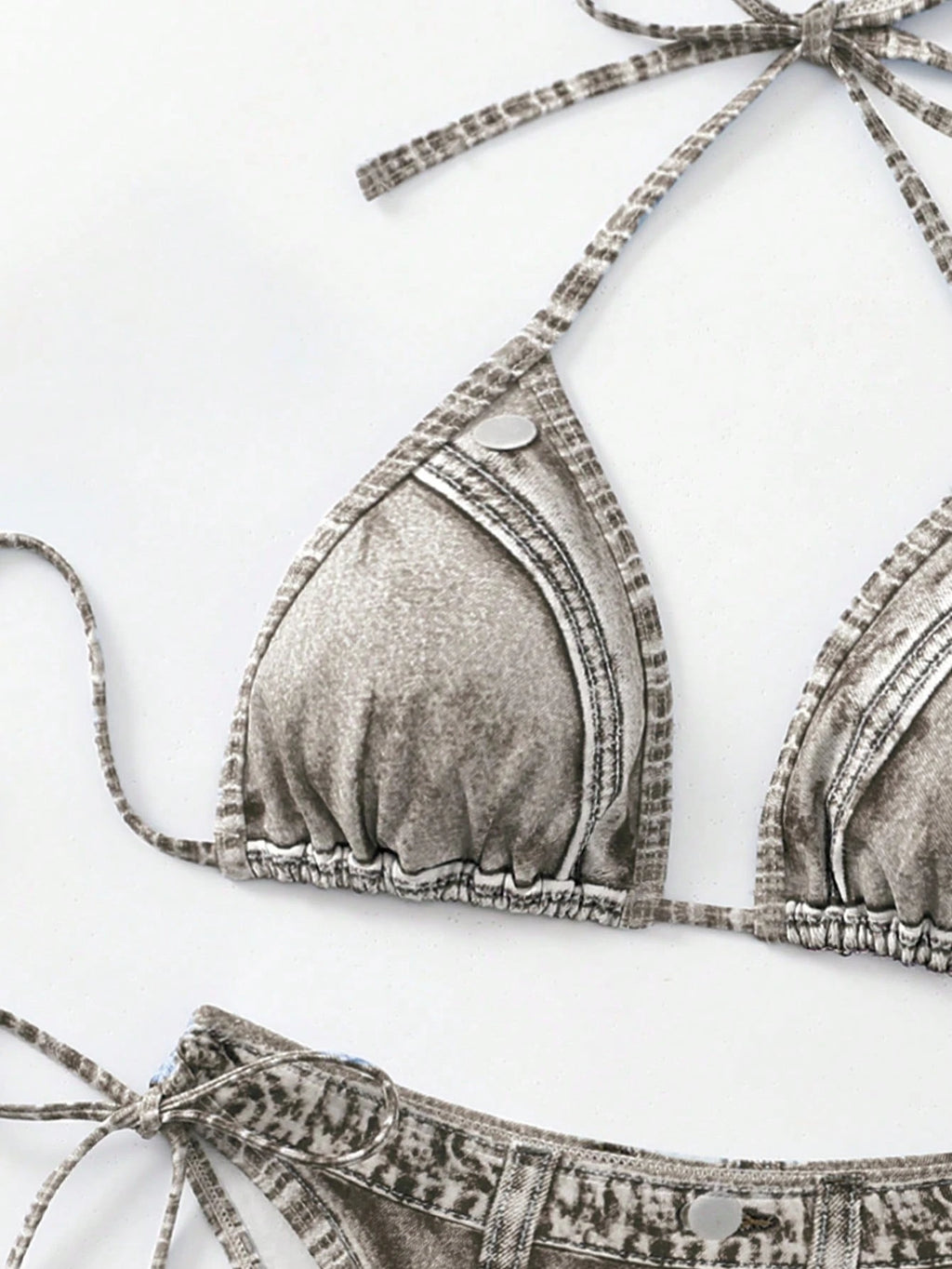 1 Set Women's Denim Effect Halter Tie Bikini Two Pieces Swimwear,