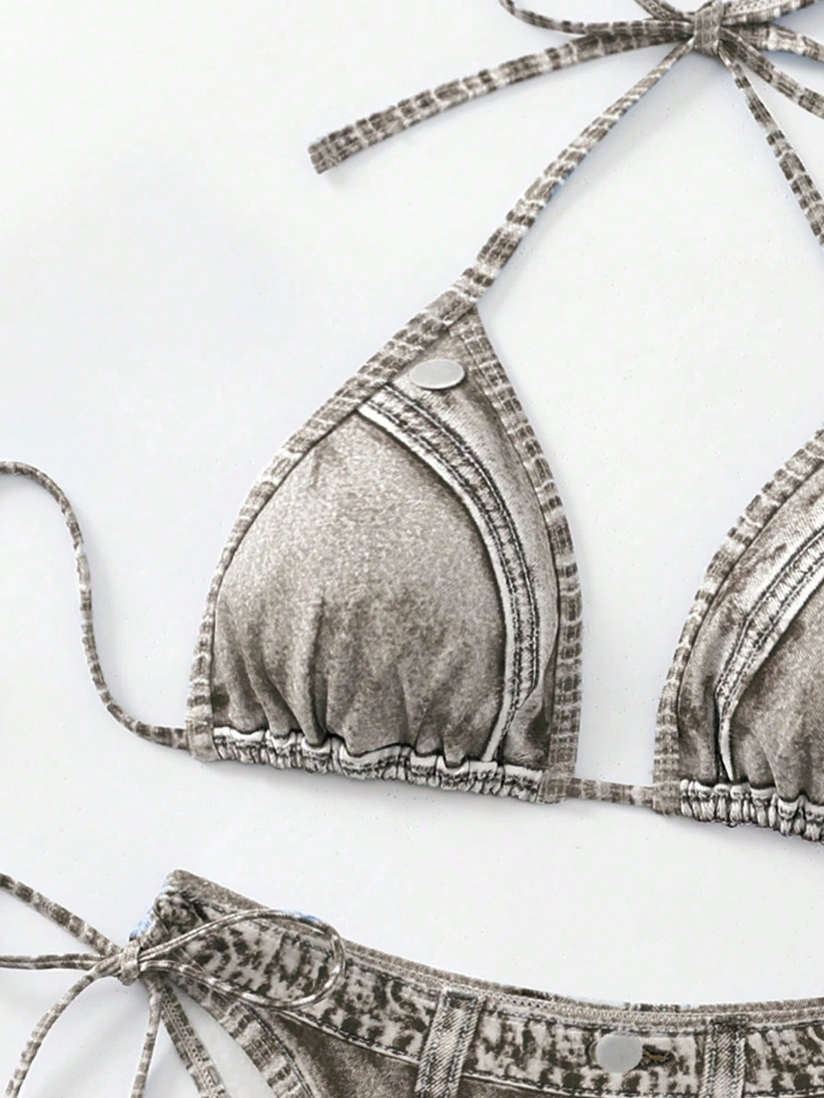 1 Set Women's Denim Effect Halter Tie Bikini Two Pieces Swimwear, Fashionable & Sexy Vacation Beach Summer - image 9