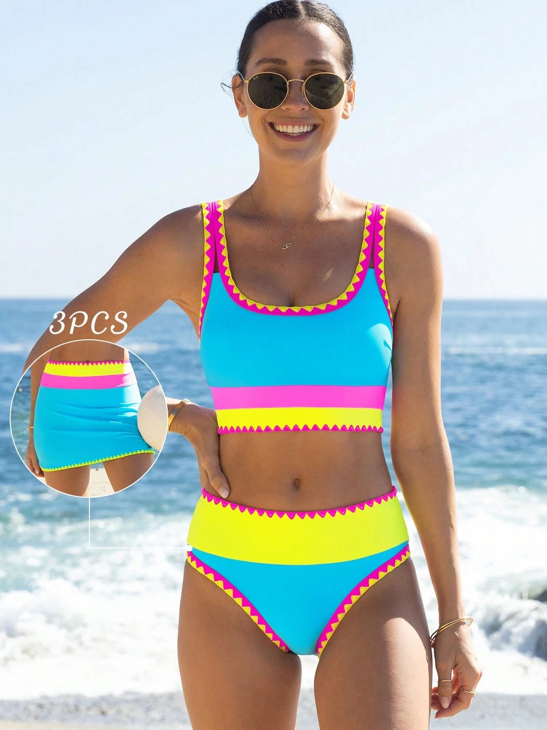 popvil Women Sporty Color-Blocked Shell Trim Bikini Three Pieces Set