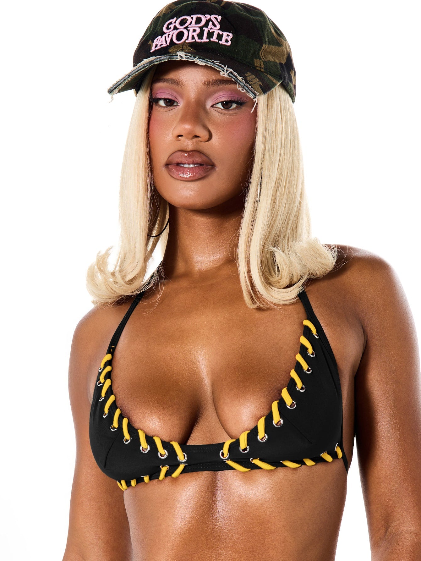 SUMWON WOMEN Hot Pink Contrast Yellow Lace Up Triangle Bikini Set