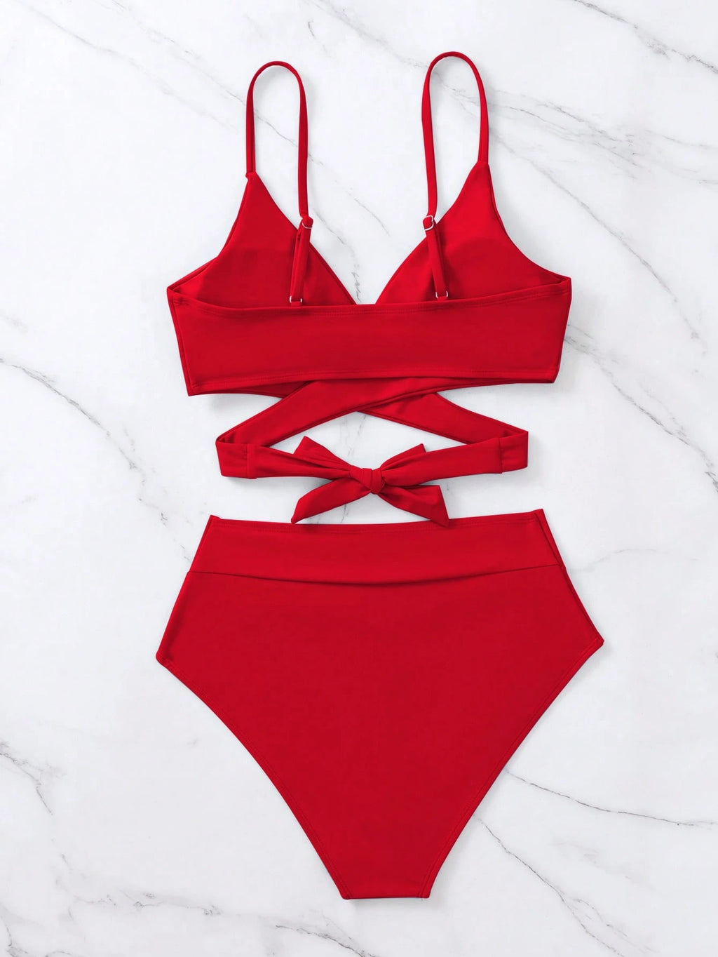 Swim Vcay Summer Beach Solid Bikini Set Crisscross Tie Back Bra &