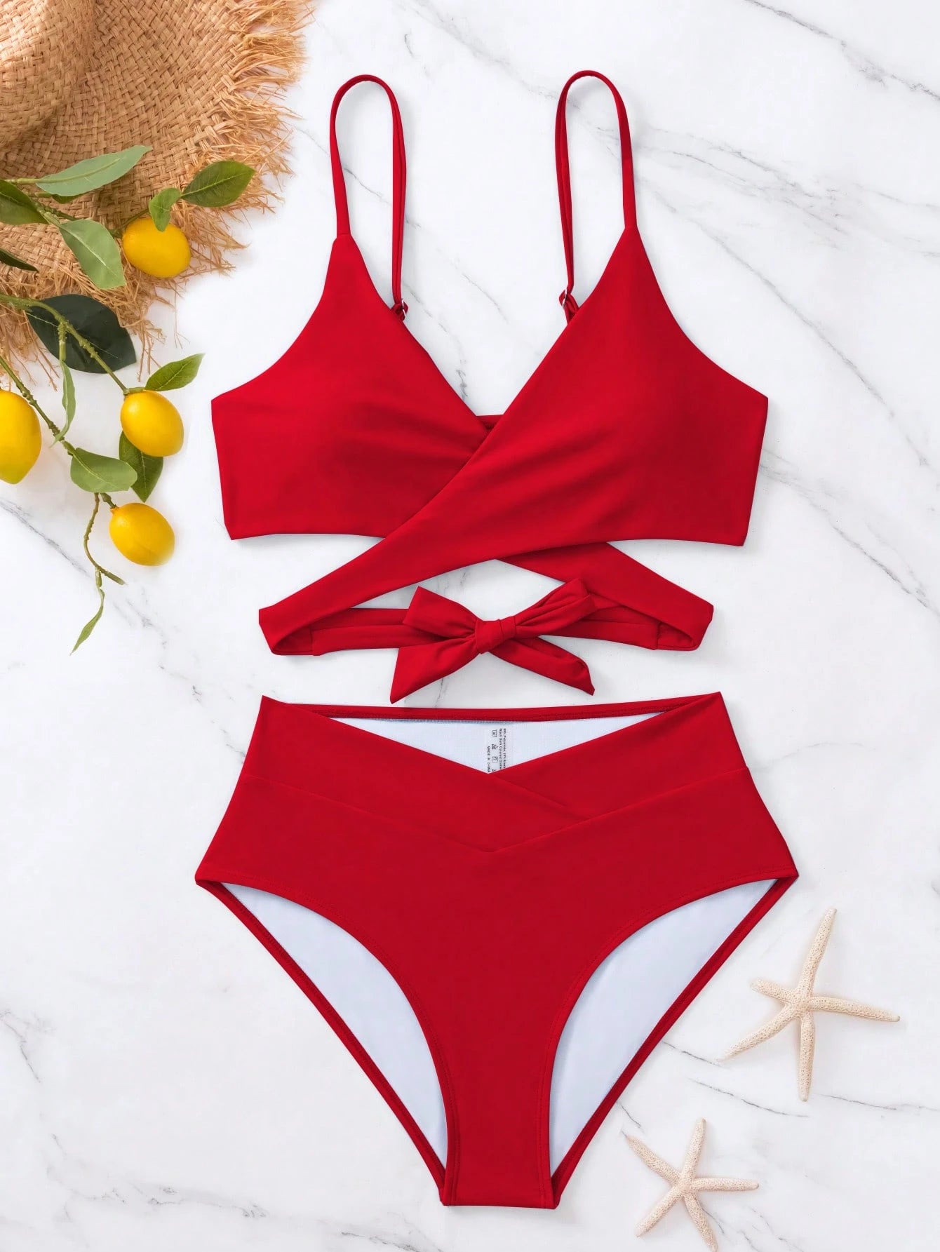 Swim Vcay Summer Beach Solid Bikini Set Crisscross Tie Back Bra &