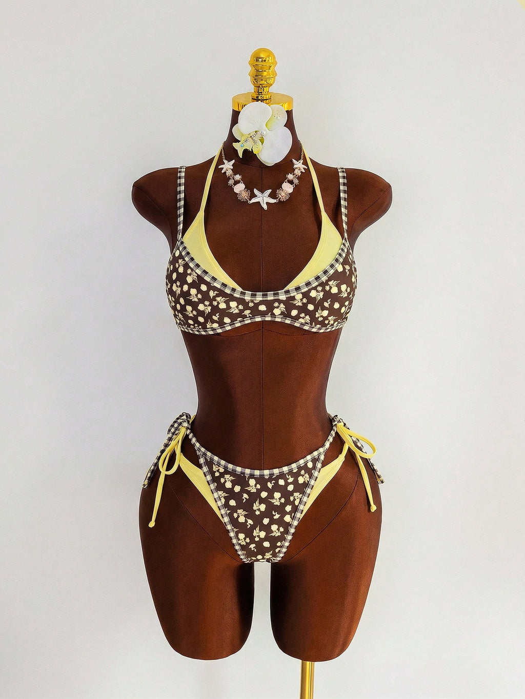 Swim Mod Women's Cute Yellow Floral Print 2 Pieces Bikini Set,