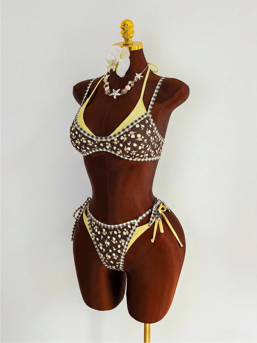 Swim Mod Women's Cute Yellow Floral Print 2 Pieces Bikini Set,