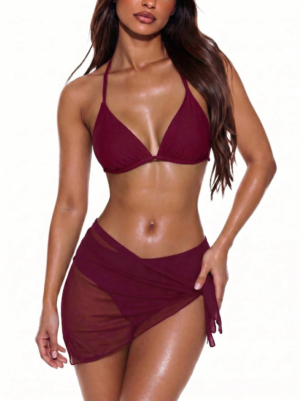 Swim Vcay 3-Piece Women Set: Solid Color Halter Tie Back Crop Top,