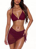 Swim Vcay 3-Piece Women Set: Solid Color Halter Tie Back Crop Top,