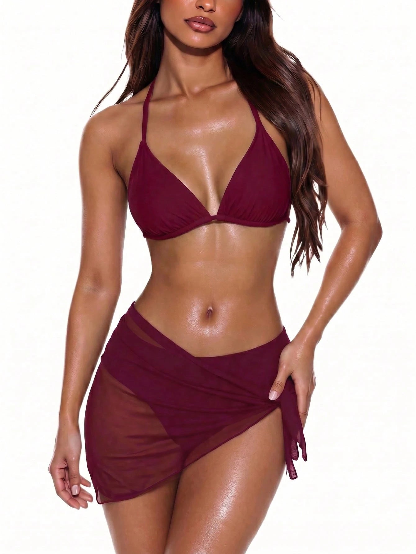 Swim Vcay 3-Piece Women Set: Solid Color Halter Tie Back Crop Top, Triangle Bikini Bottom, And Sheer Wrap