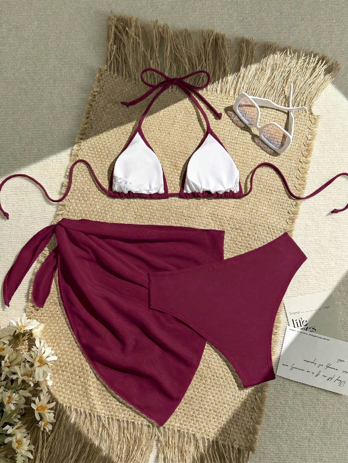 Swim Vcay 3-Piece Women Set: Solid Color Halter Tie Back Crop Top,