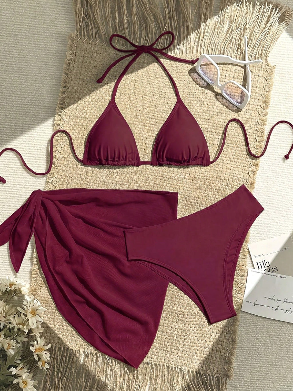 Swim Vcay 3-Piece Women Set: Solid Color Halter Tie Back Crop Top,