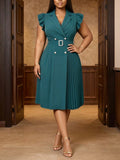 Elegant Notched Collar Ruffle Pleated Rhinestone Belt Asymmetric Hem Midi Dress, Suitable For Workplace,