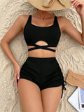 Swim Basics Summer Beach Ladies' Solid Hollow Out Bandeau Bikini Set With Ruched