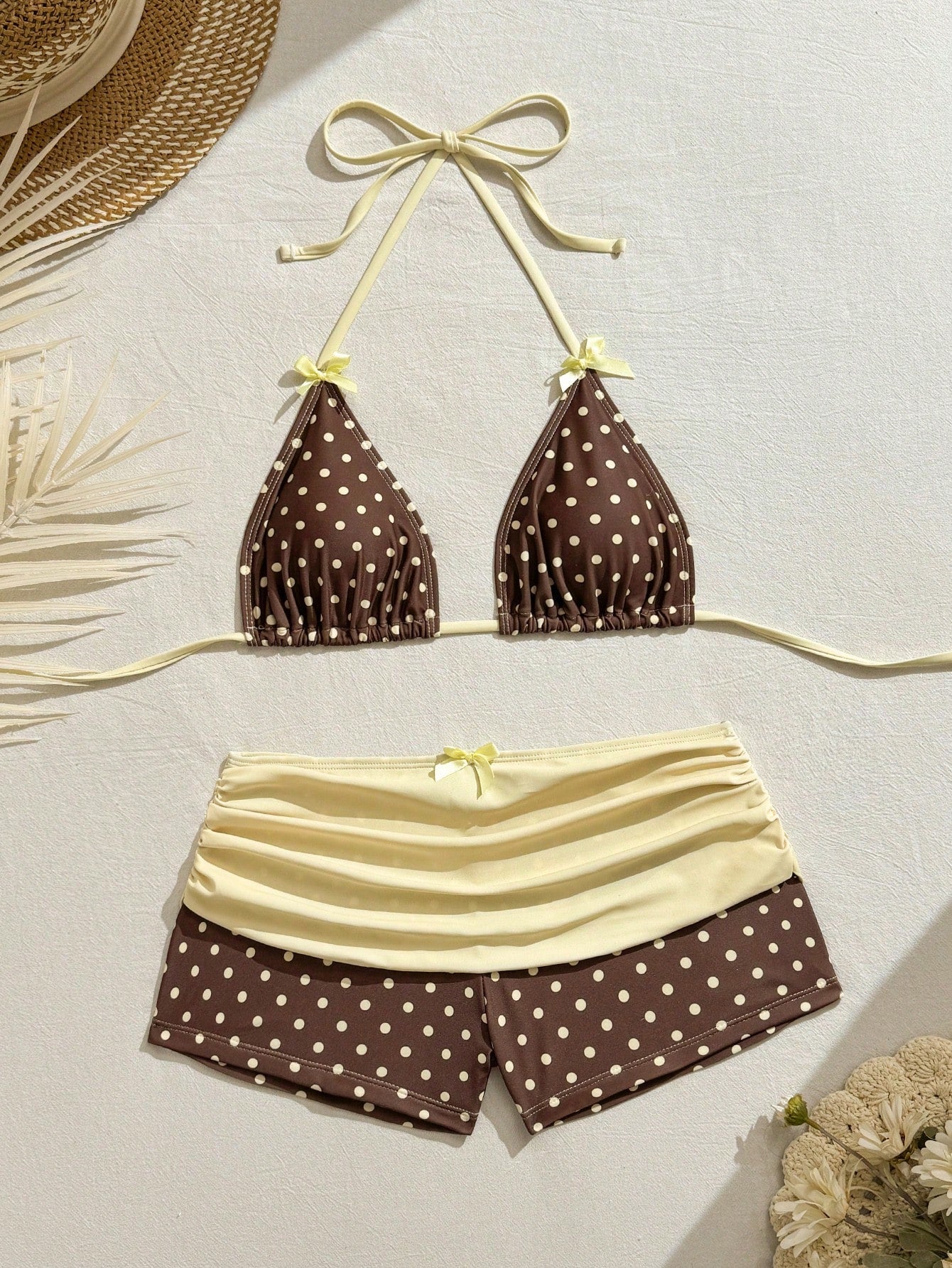 Swim Mod Women's Brown Polka Dot Print Pink Bow Halter Triangle Top