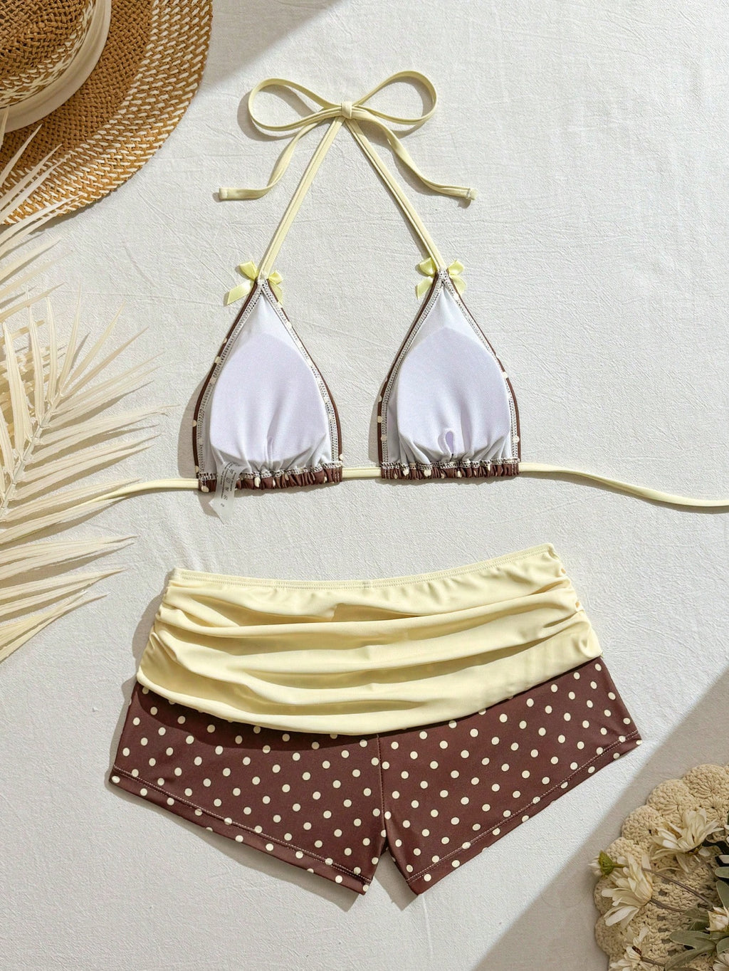 Swim Mod Women's Brown Polka Dot Print Pink Bow Halter Triangle Top