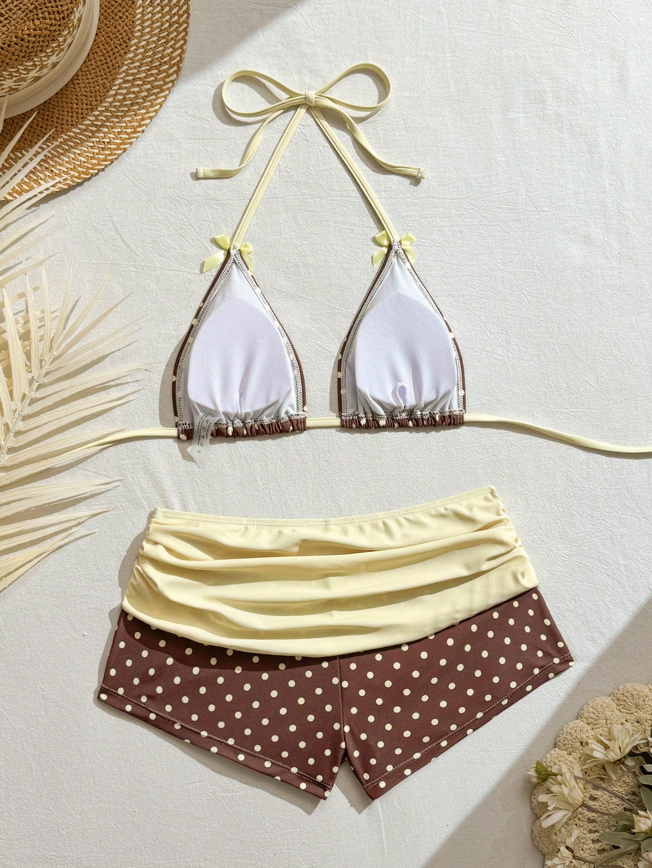 Swim Mod Women's Brown Polka Dot Print Pink Bow Halter Triangle Top