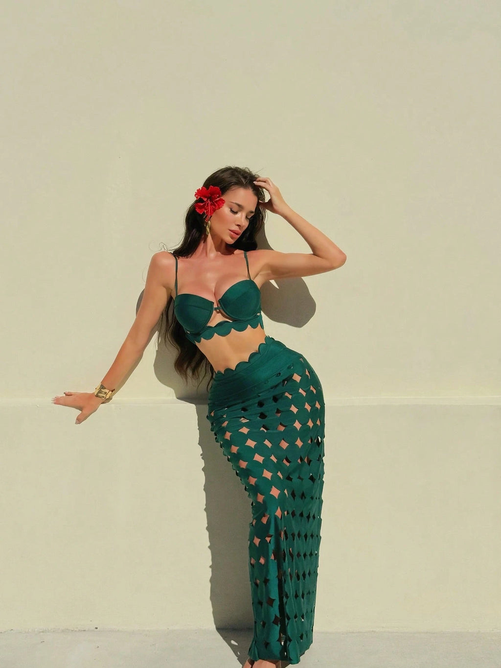 Sirith 3pcs/Set Women Dark Green Summer Casual Beach Vacation Holiday Outfits,Pu