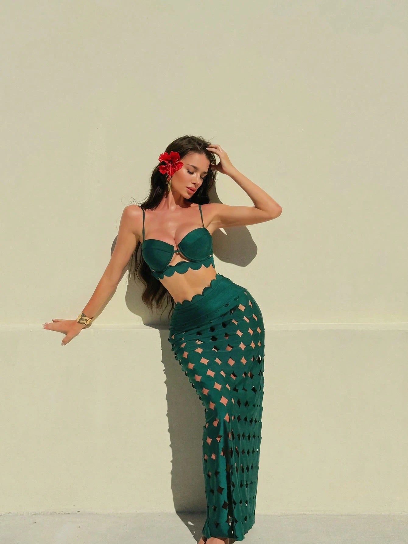 Sirith 3pcs/Set Women Dark Green Summer Casual Beach Vacation Holiday Outfits,Pu