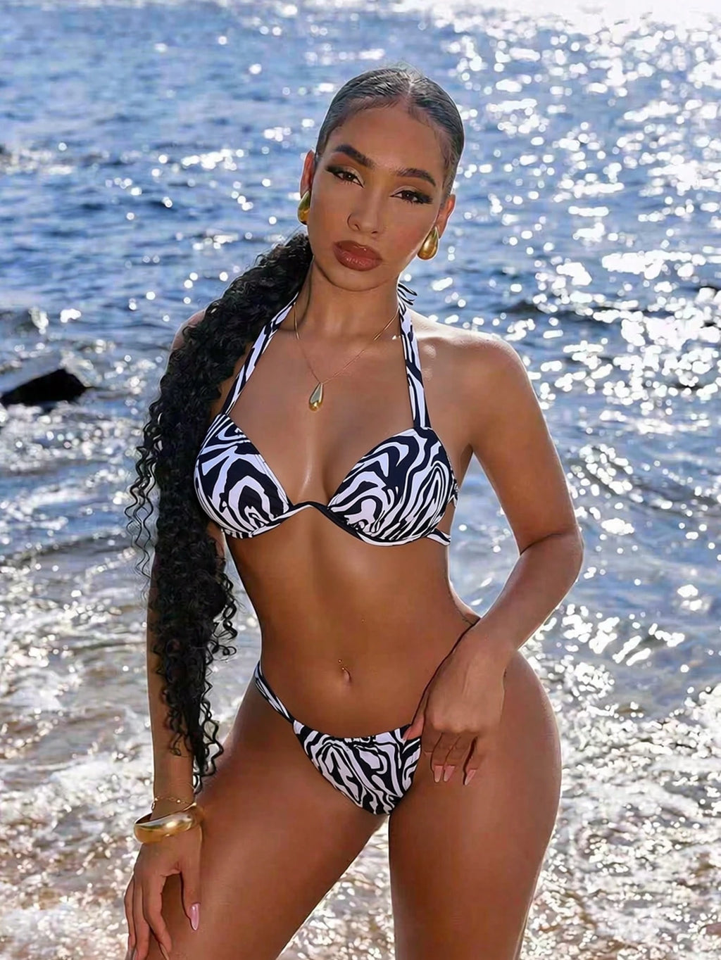 Swim SXY Leopard Print Halter Crop Top And Thong Bikini Set