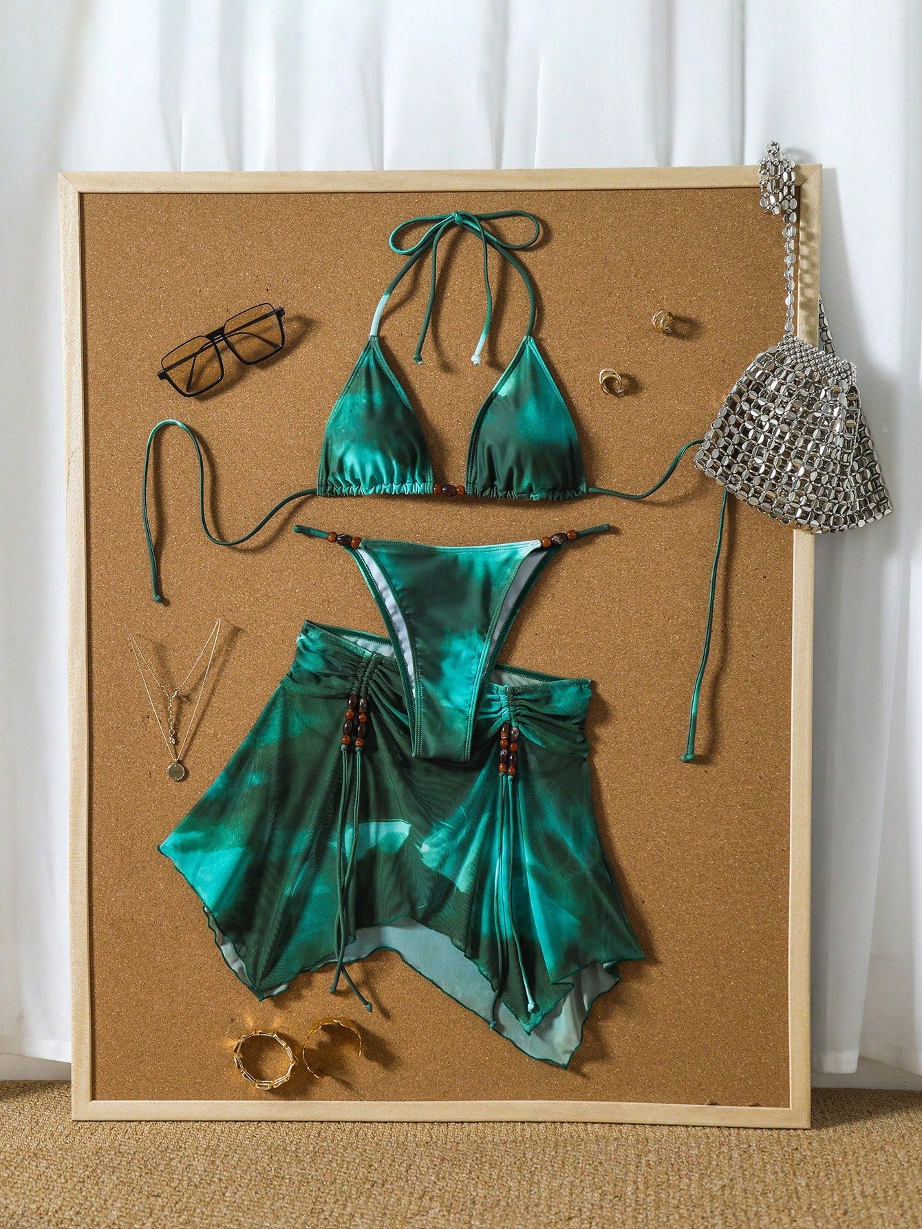 3pcs Women's Tie Dye Print Halter Neck Bikini Set With Tassel Bead