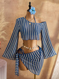 Bellisia Women's 4-Piece Summer Beach Swimwear Set, Blue Striped Textured Fabric Long Sleeve Flare Sleeve
