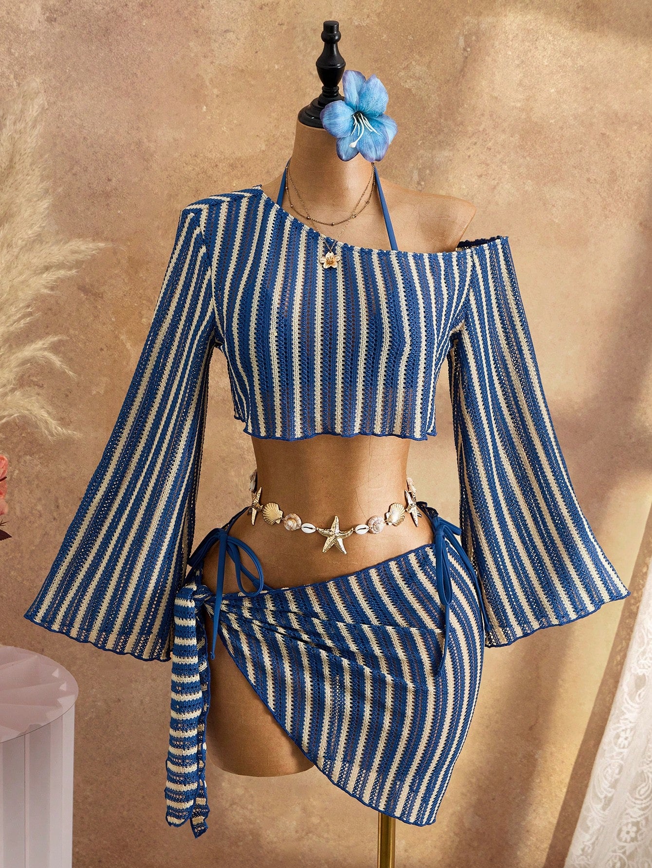 Bellisia Women's 4-Piece Summer Beach Swimwear Set, Blue Striped Textured Fabric Long Sleeve Flare Sleeve