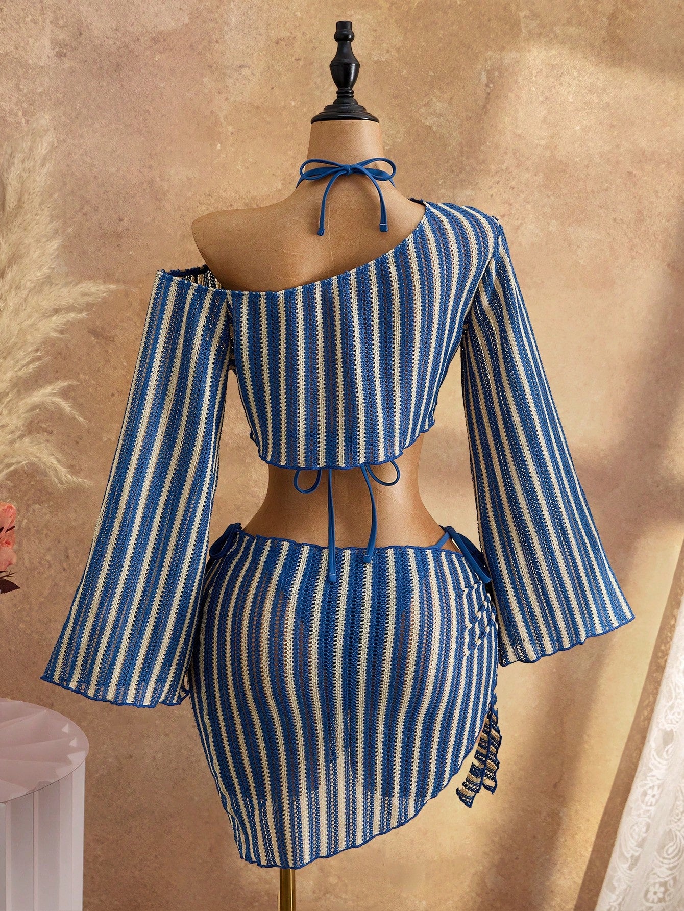 Bellisia Women's 4-Piece Summer Beach Swimwear Set, Blue Striped Textured Fabric Long Sleeve Flare Sleeve - image 2