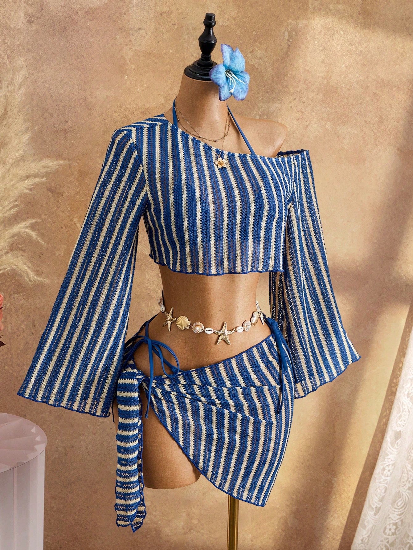 Bellisia Women's 4-Piece Summer Beach Swimwear Set, Blue Striped Textured Fabric Long Sleeve Flare Sleeve - image 3