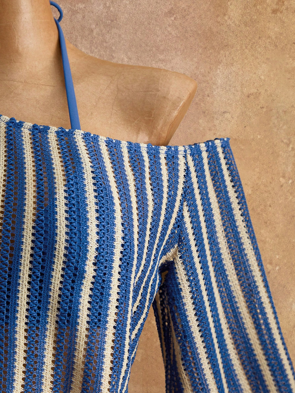 Bellisia Women's 4-Piece Summer Beach Swimwear Set, Blue Striped Textured Fabric Long Sleeve Flare Sleeve - image 4