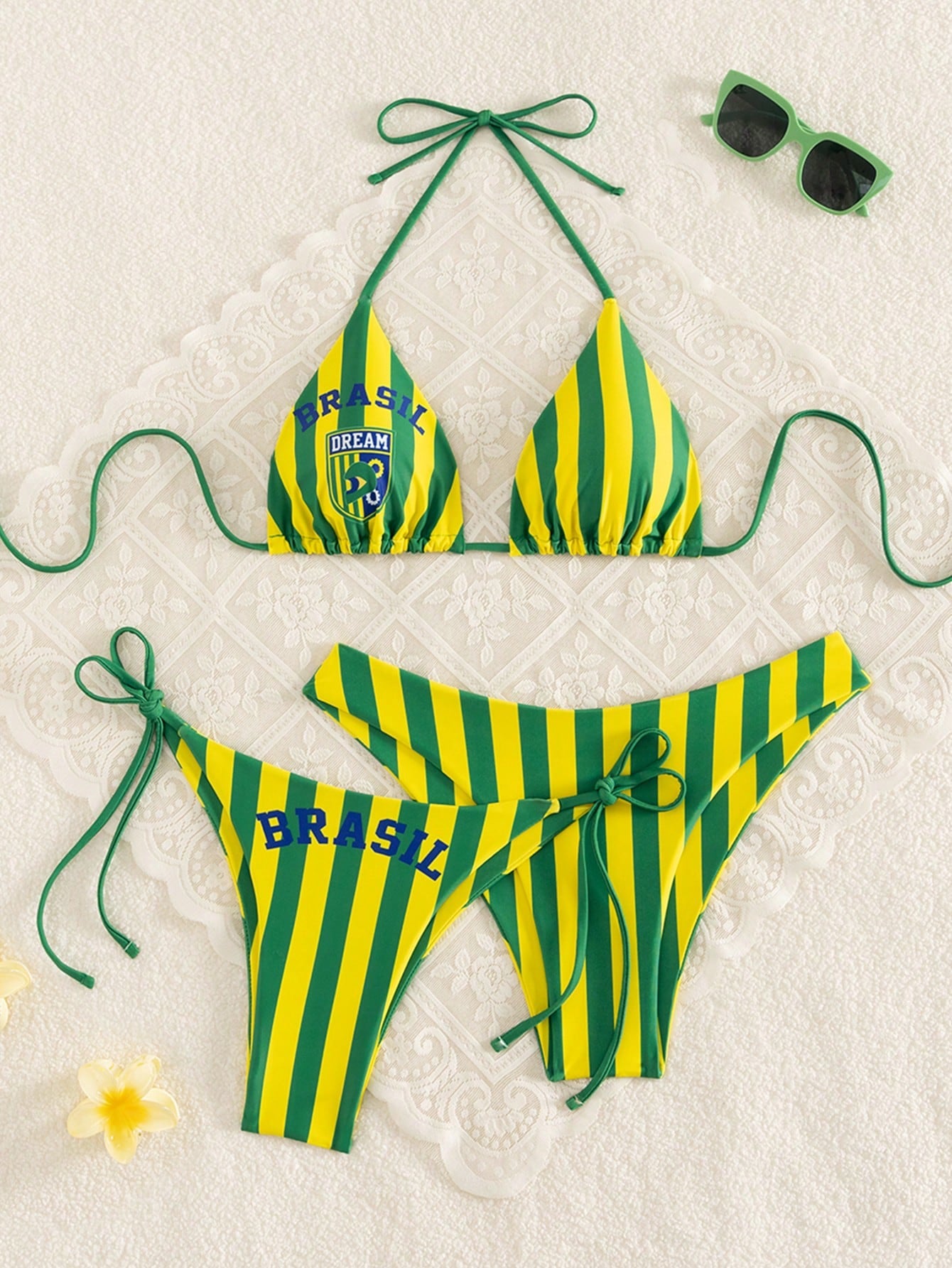 Swim Vcay 3pcs Leopard Print Triangle Bikini Set,Halter Neck Backless