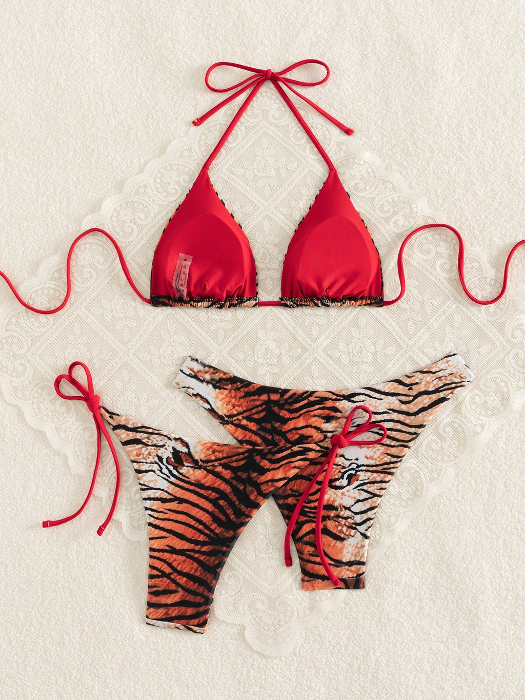 Swim Vcay 3pcs Leopard Print Triangle Bikini Set,Halter Neck Backless