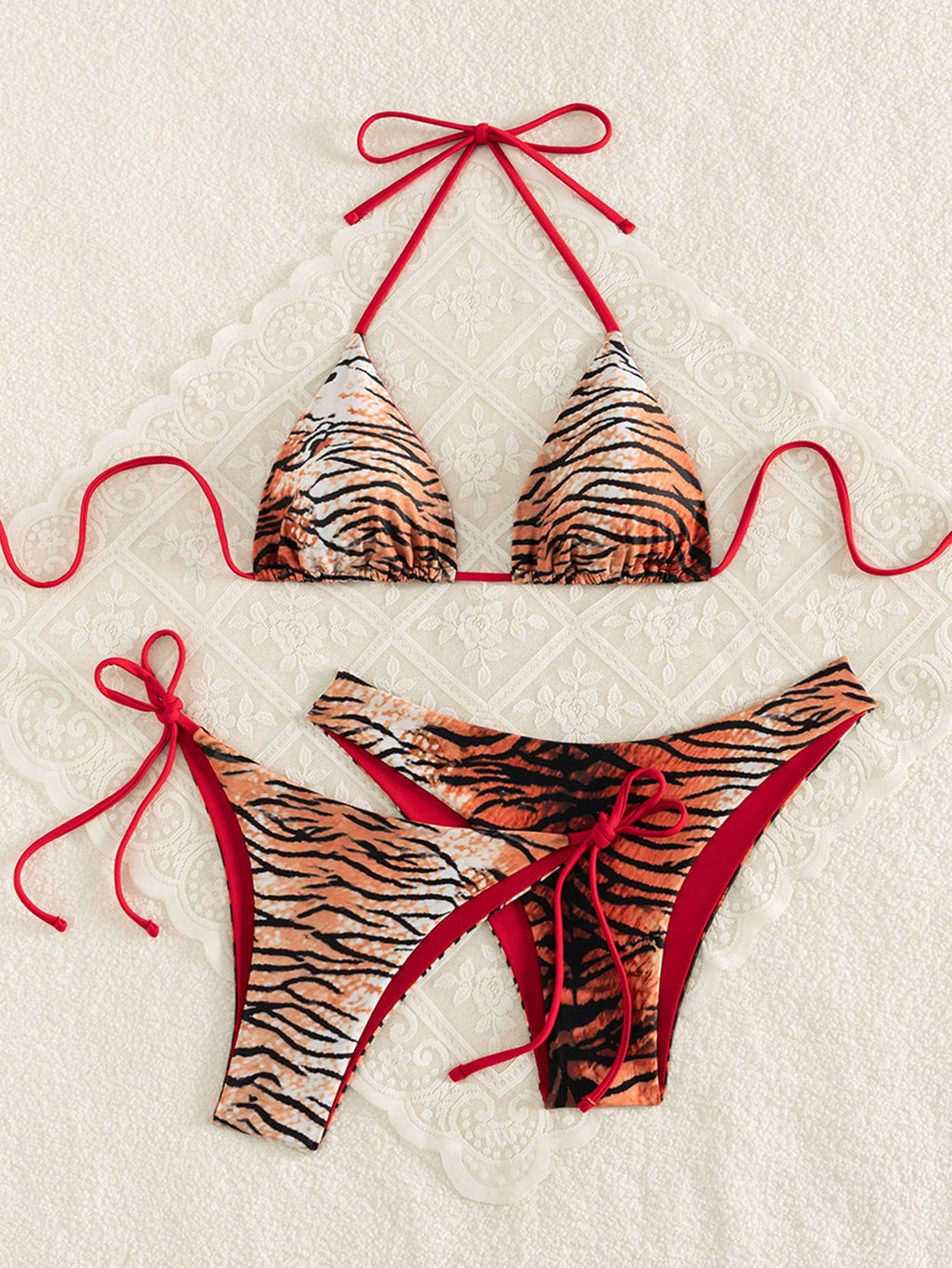 Swim Vcay 3pcs Leopard Print Triangle Bikini Set,Halter Neck Backless