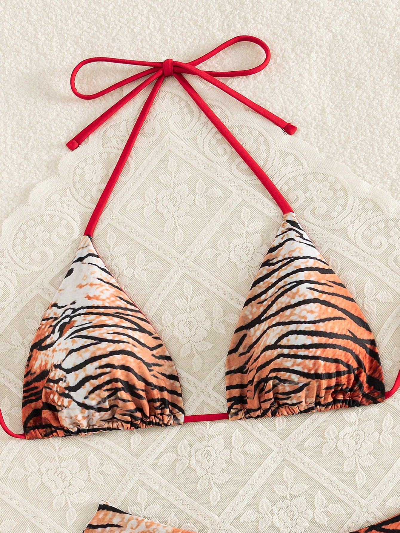 Swim Vcay 3pcs Leopard Print Triangle Bikini Set,Halter Neck Backless