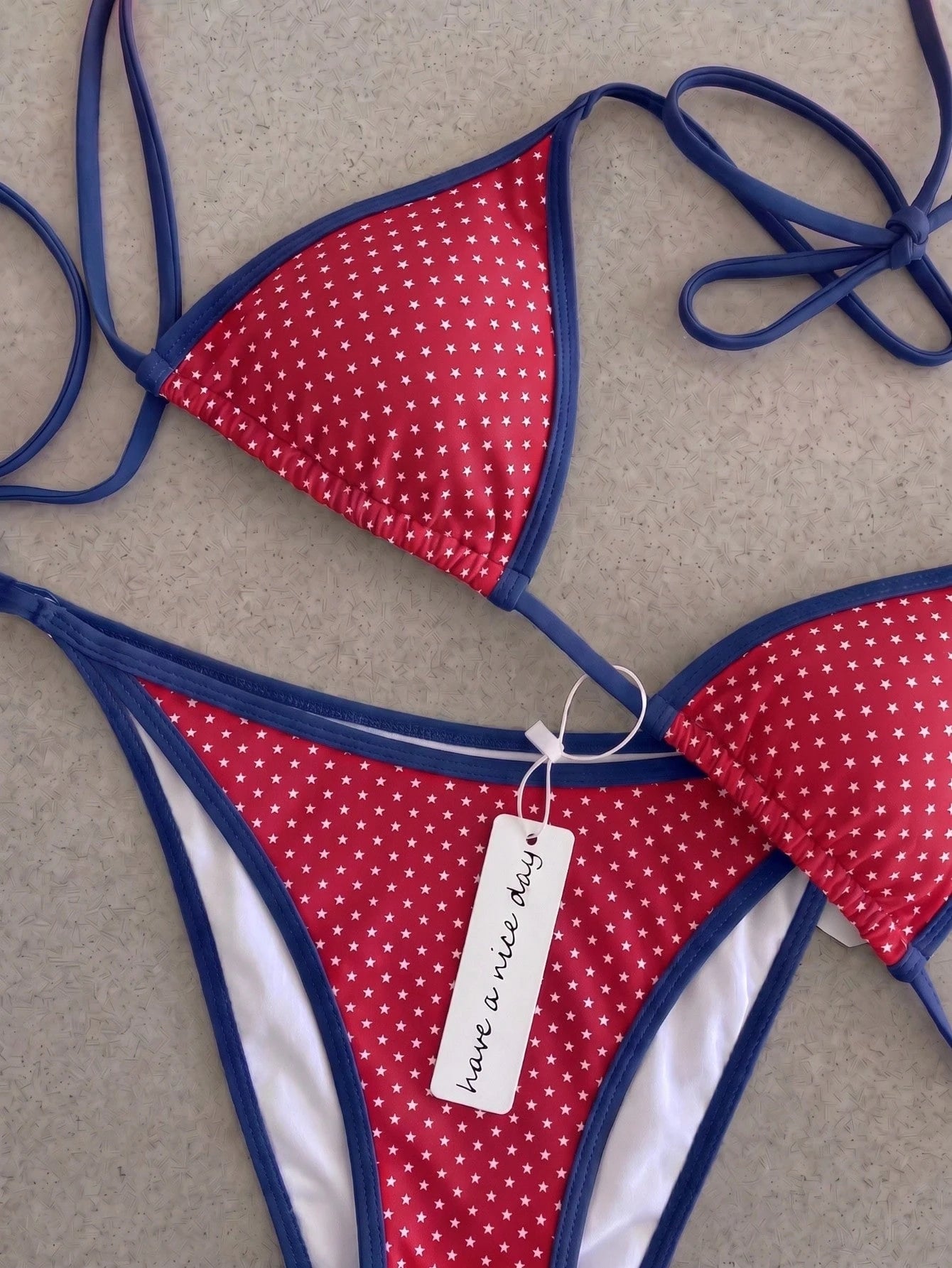 Retro Navy Blue & Black Striped Spaghetti Strap Tie Bikini Set, Sexy